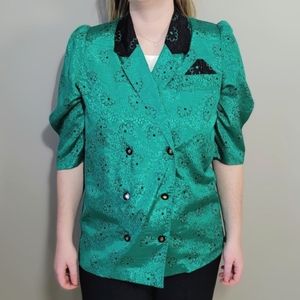 1980s green floral double breasted short sleeve blazer